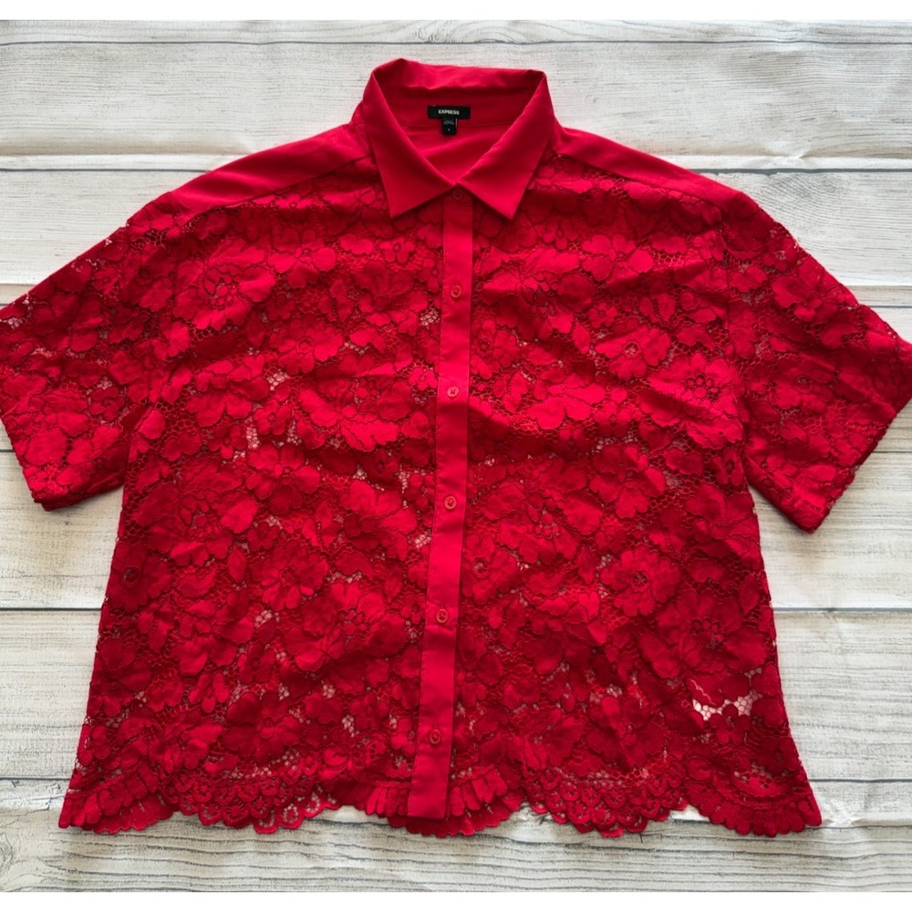 Express Floral Lace Button-Down Top Womens S Red Short Sleeve Feminine Romantic